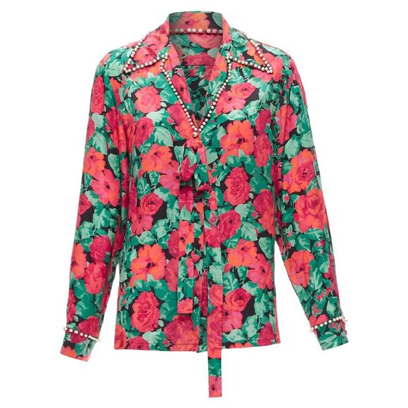 Gucci Alessandro Michele floral GG pearl bow silk shirt